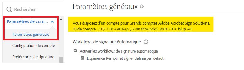 Onglet Paramètres généraux avec l’ID de compte mis en évidence