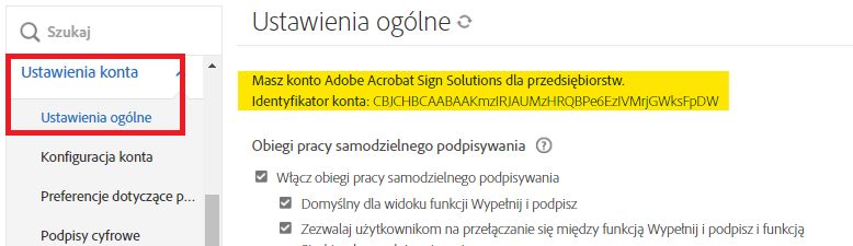 Karta Ustawienia ogólne podkreślająca identyfikator konta