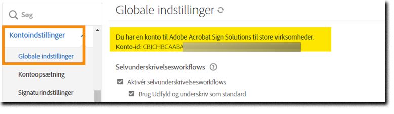 Fanen Globale indstillinger, der fremhæver konto-id'et