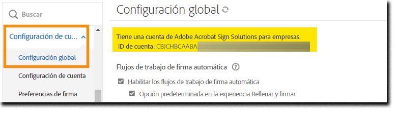 La pestaña Configuración global resalta el ID de cuenta