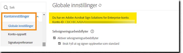 Fanen Globale innstillinger uthever konto-ID-en