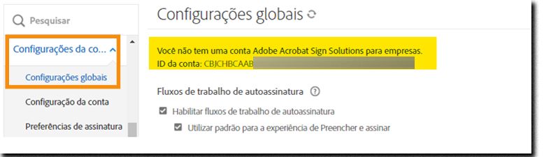 A guia Configurações globais destacando a ID da conta
