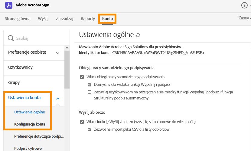 Dostęp administratora konta do ustawień na poziomie konta