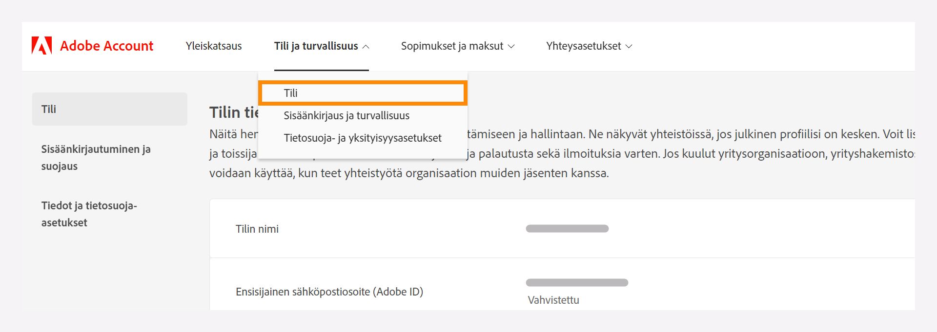 Tili ja tietoturva -ikkuna, jossa on pudotusvalikko, josta voit valita Tili-vaihtoehdon.