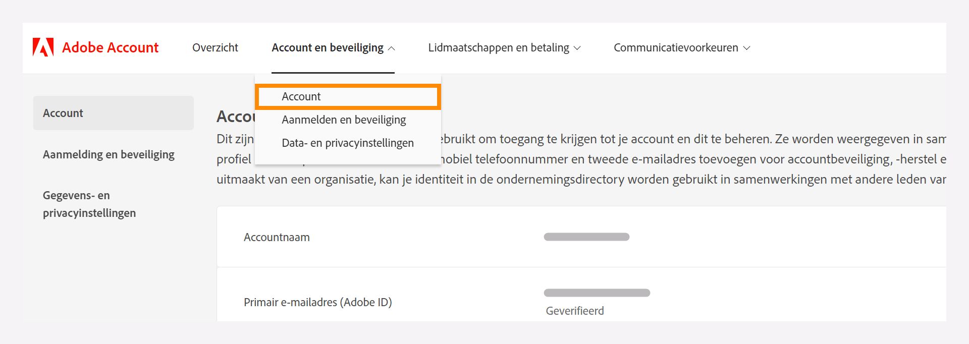 Het venster Account en beveiliging met een vervolgkeuzelijst om de optie Account te selecteren.
