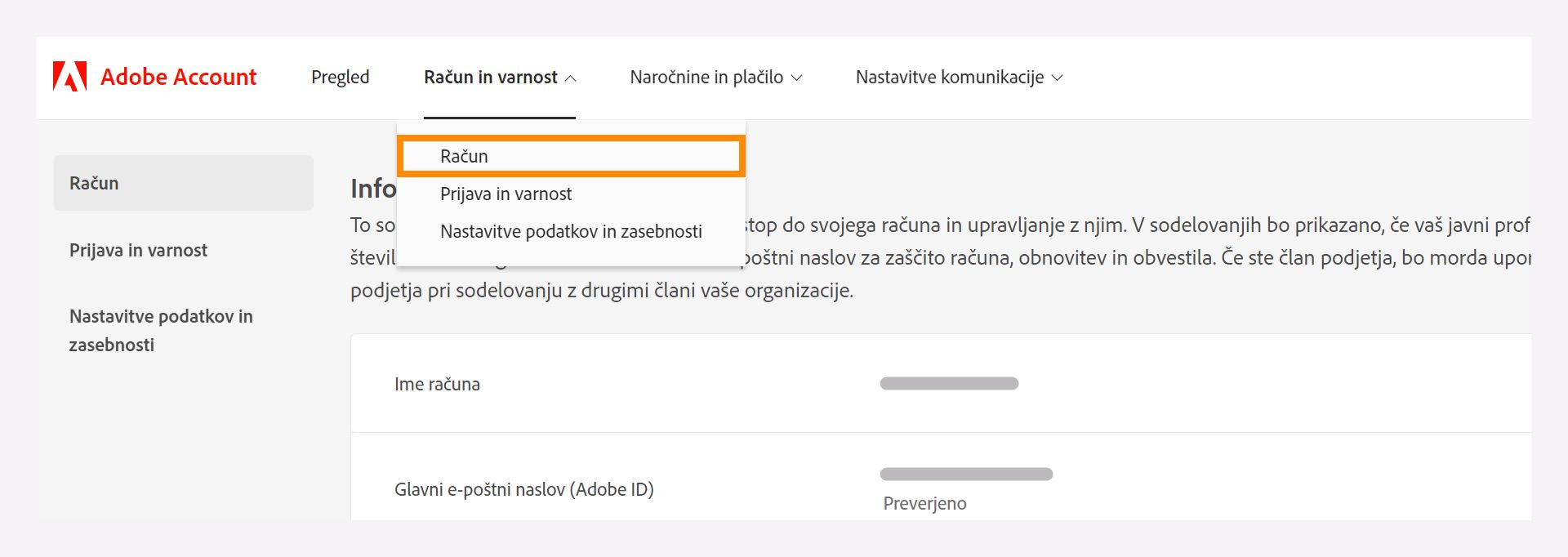 Okno Račun in varnost s spustnim menijem, v katerem lahko izberete možnost Račun.