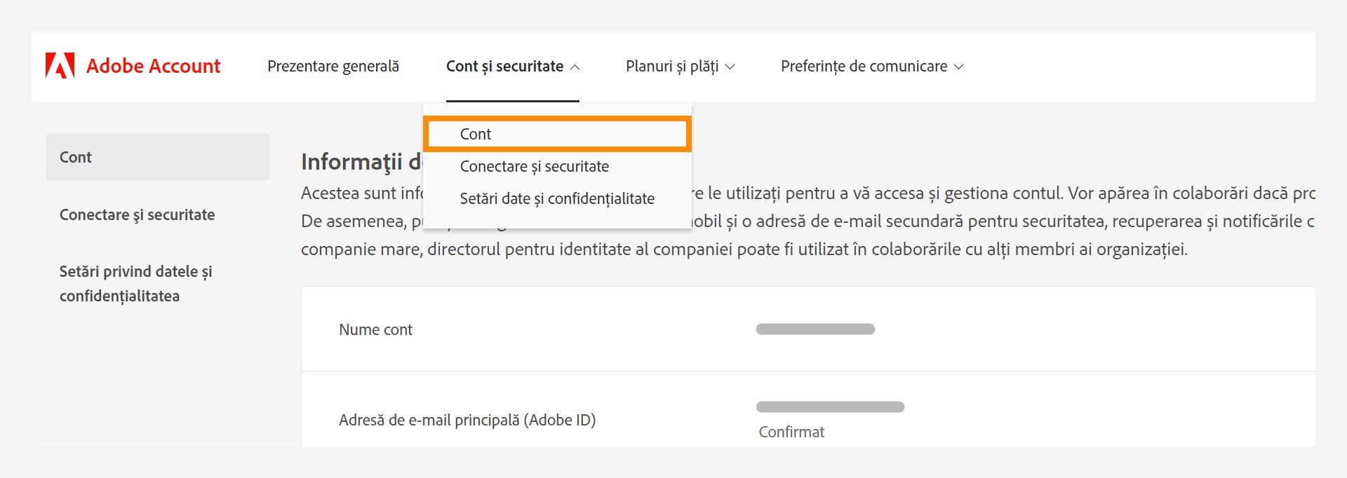 Fereastra Cont și securitate cu o opțiune derulantă pentru a selecta opțiunea Cont.