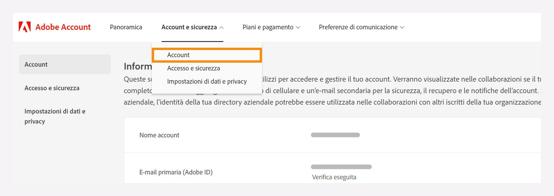 Finestra Account e sicurezza con menu a discesa per selezionare l’opzione Account.