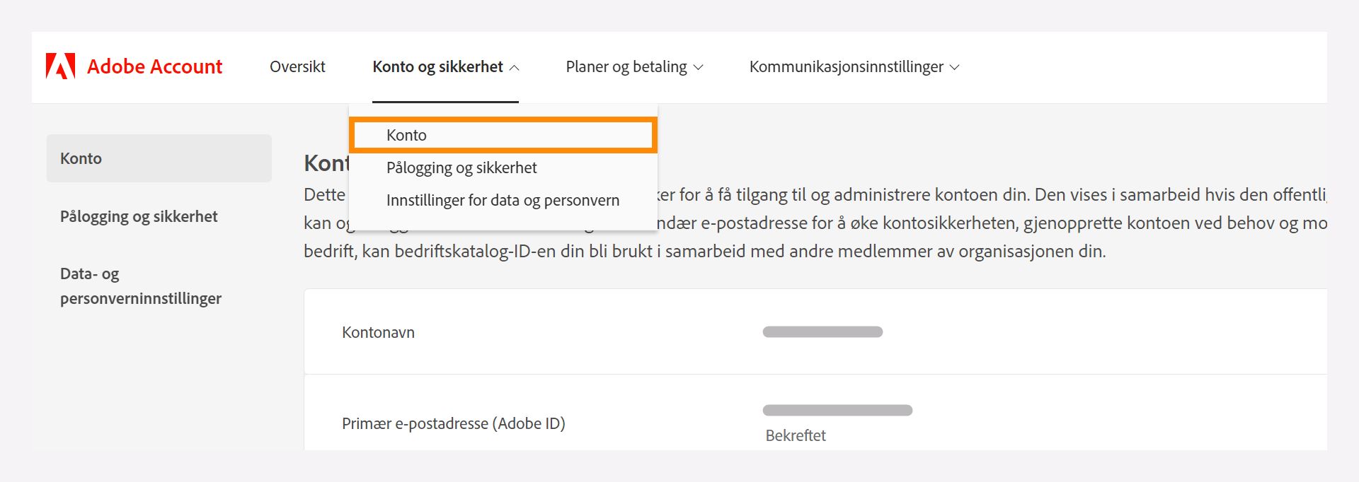 Konto- og sikkerhetsvindu med en rullegardinmeny der du kan velge Konto.