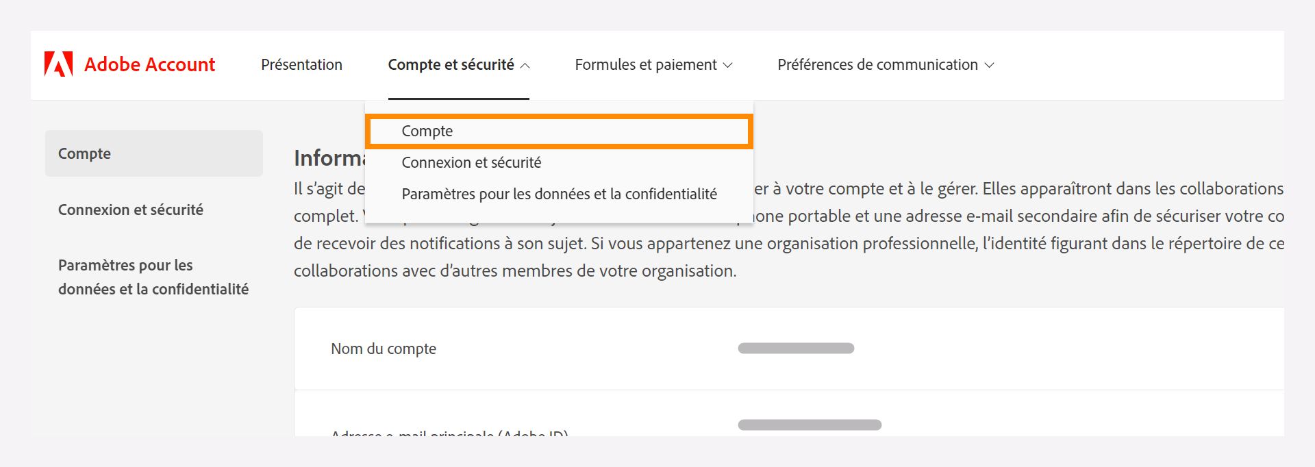 Fenêtre de compte et de sécurité avec une option déroulante pour sélectionner l’option Compte.