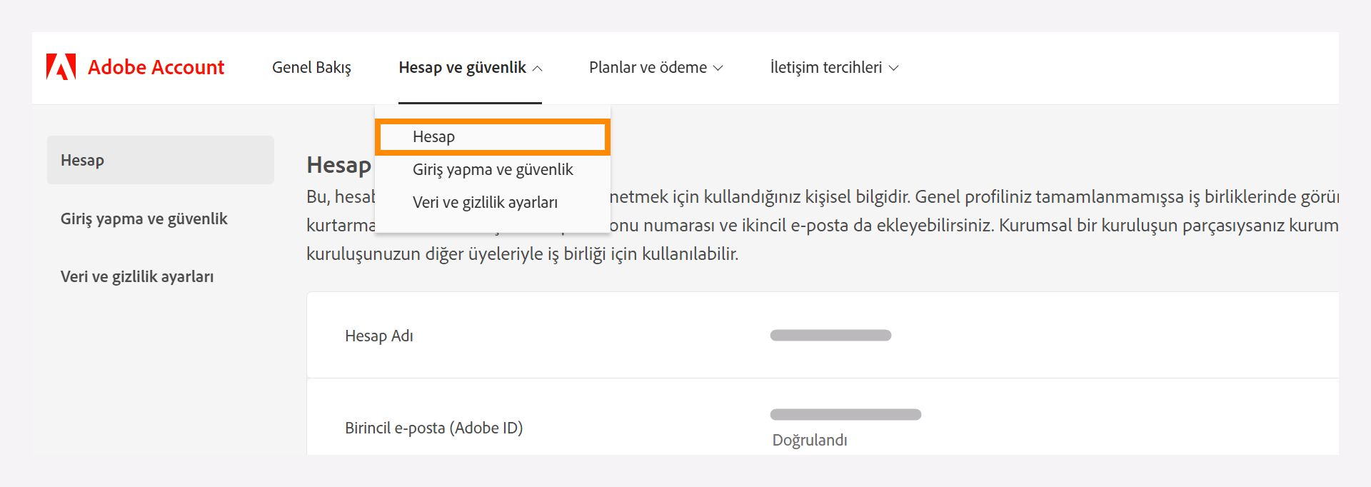 Hesap seçeneğini belirlemek için açılır menü içeren Hesap ve güvenlik penceresi.