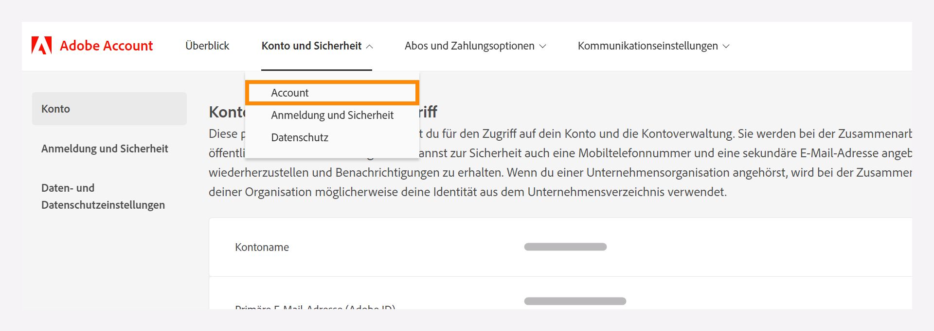 Fenster „Konto und Sicherheit“ mit einer Dropdown-Option zur Auswahl der Option „Account“.