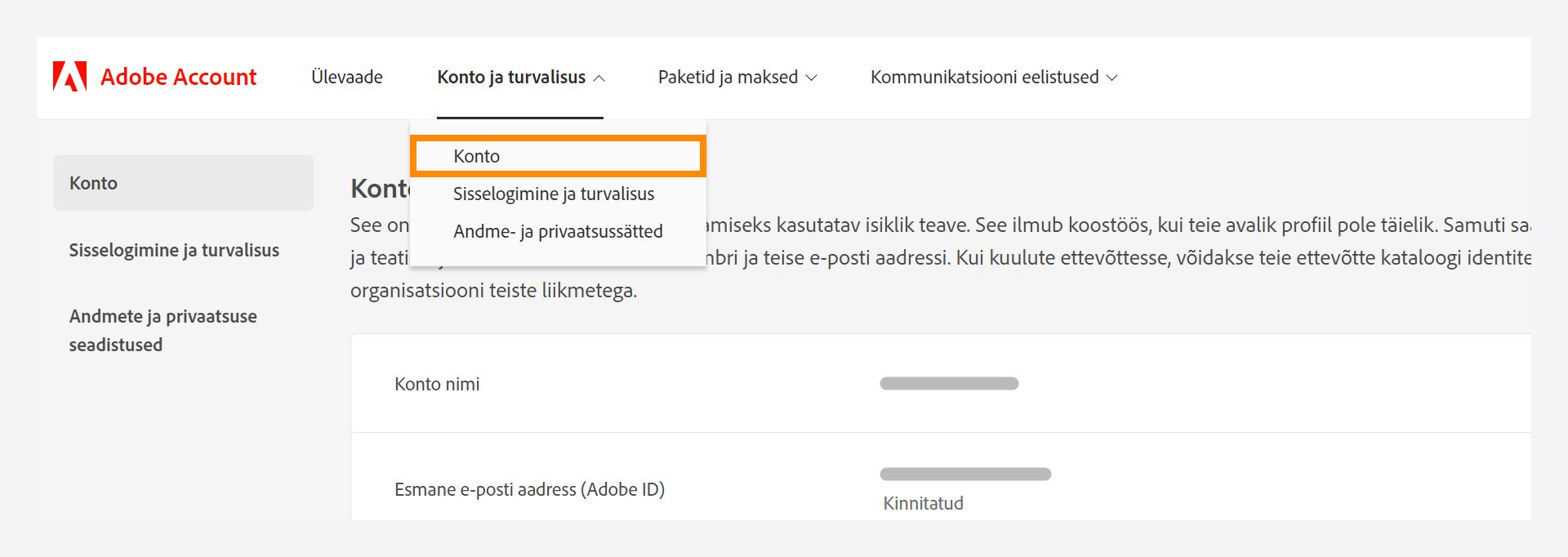Aken Konto ja turvalisus rippmenüüga konto valimiseks.