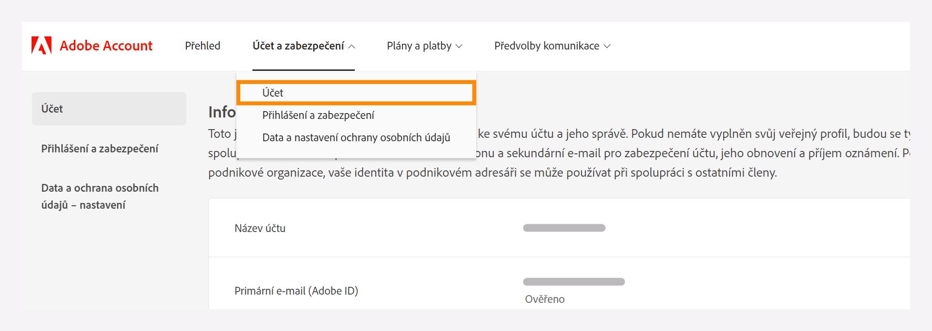 Okno s rozevírací nabídkou Účet a zabezpečení, kde lze vybrat možnost Účet