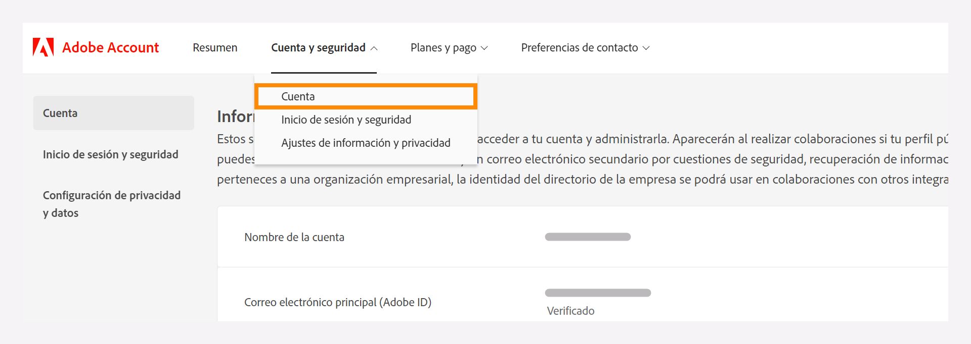 Ventana de cuenta y seguridad con una lista desplegable para seleccionar la opción Cuenta.