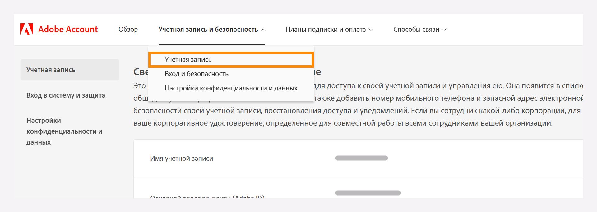 Окно «Учетная запись и безопасность» с раскрывающимся меню для выбора параметра «Учетная запись».