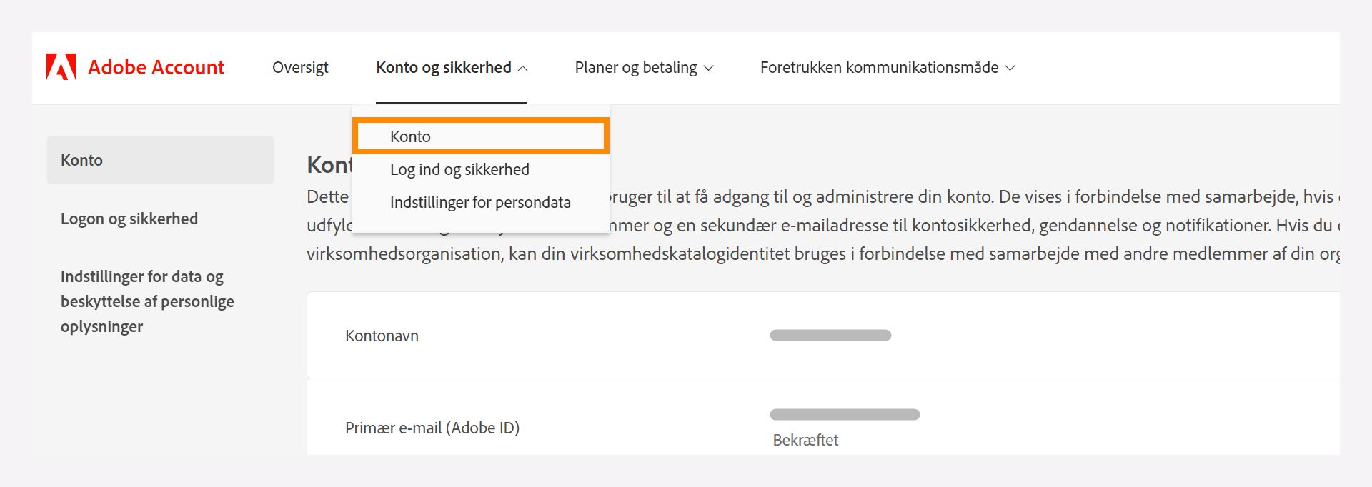 Konto- og sikkerhedsvindue med en rullemenu til at vælge kontoindstillingen.