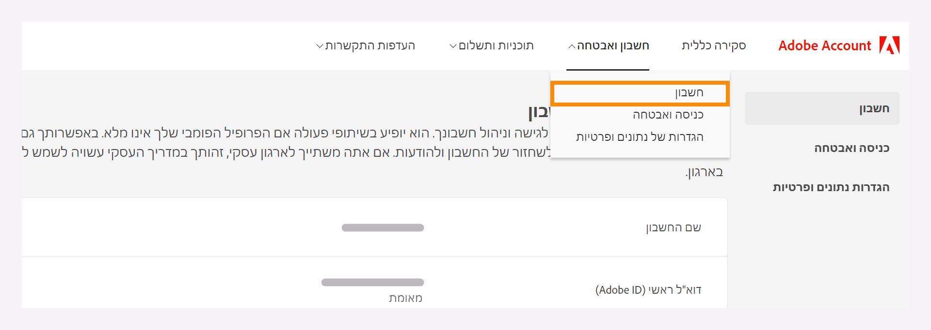 החלון 'חשבון ואבטחה' עם אפשרות נפתחת לבחירה באפשרות 'חשבון'.