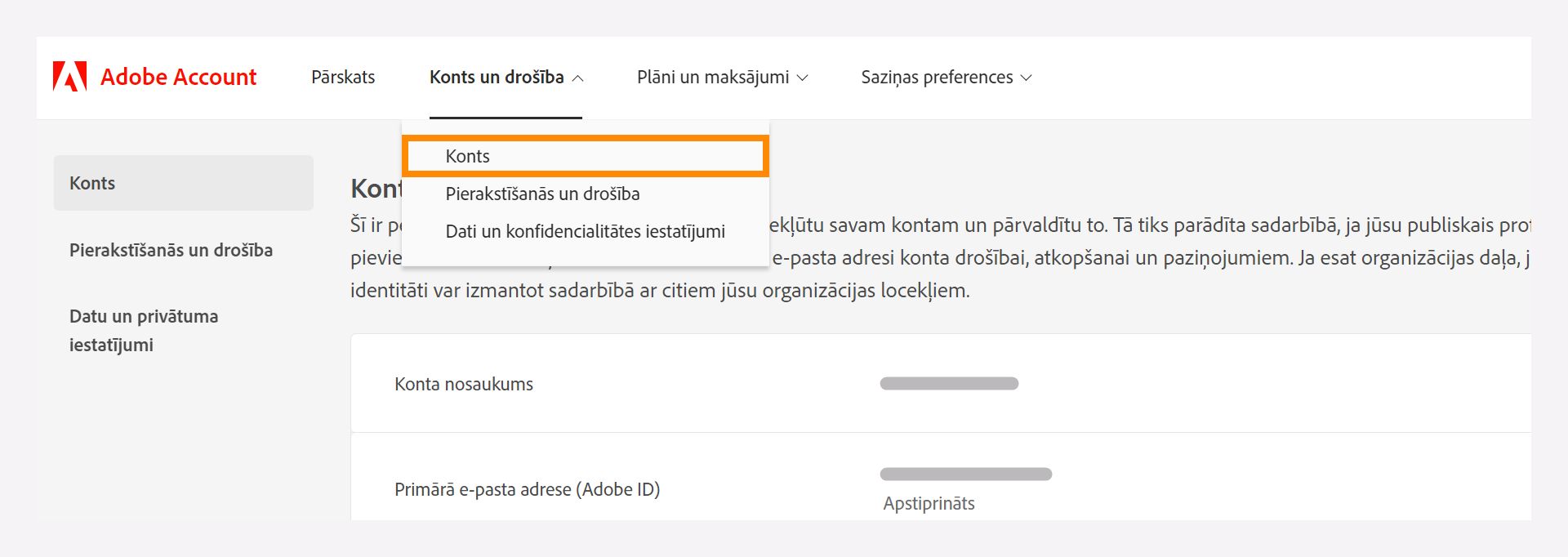 Konta un drošības logs ar nolaižamo izvēlni, lai atlasītu iespēju Konts.