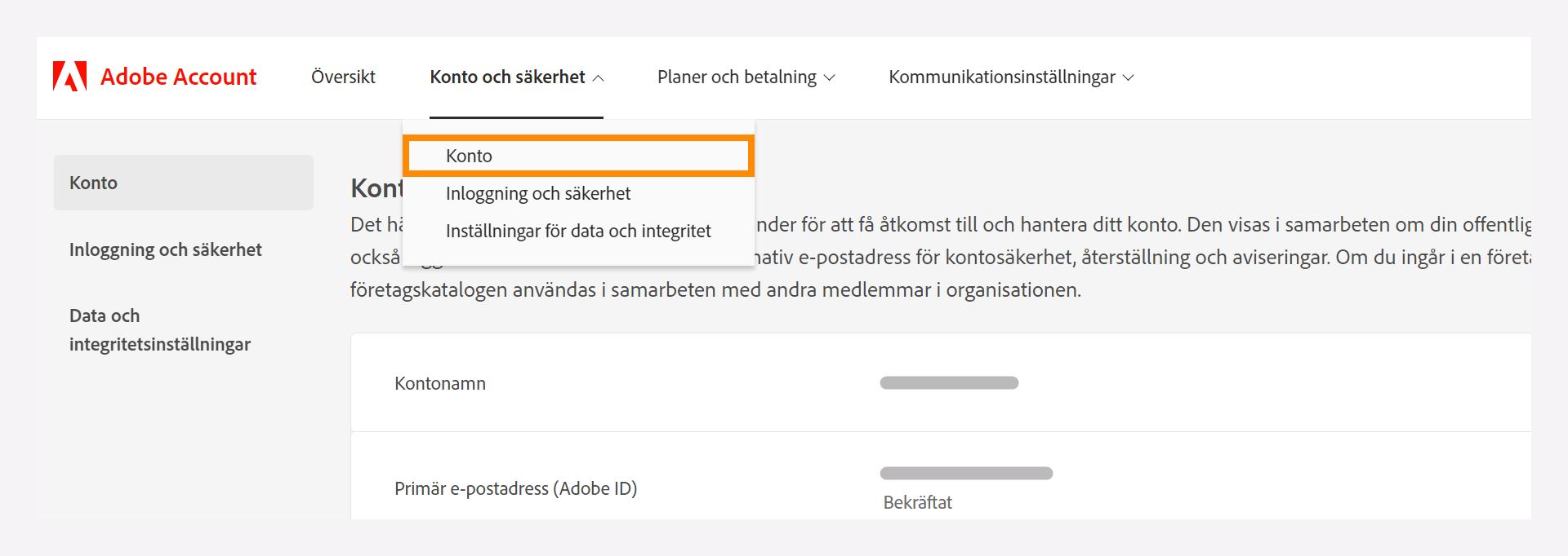 Fönstret konto och säkerhet med en listruta för att välja alternativet Konto.