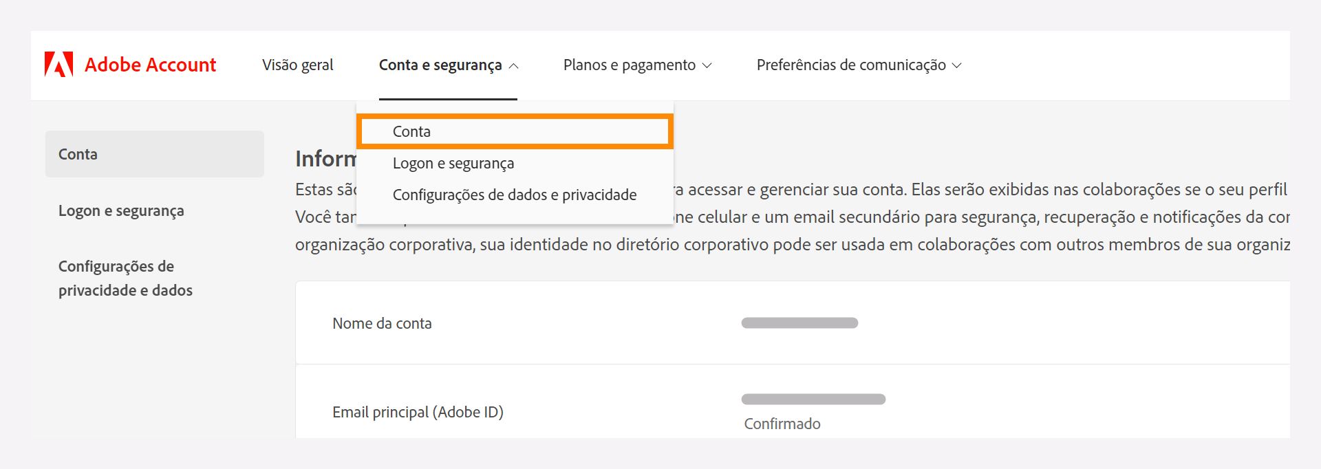 Janela Conta e segurança com uma opção para selecionar a opção Conta no menu suspenso.