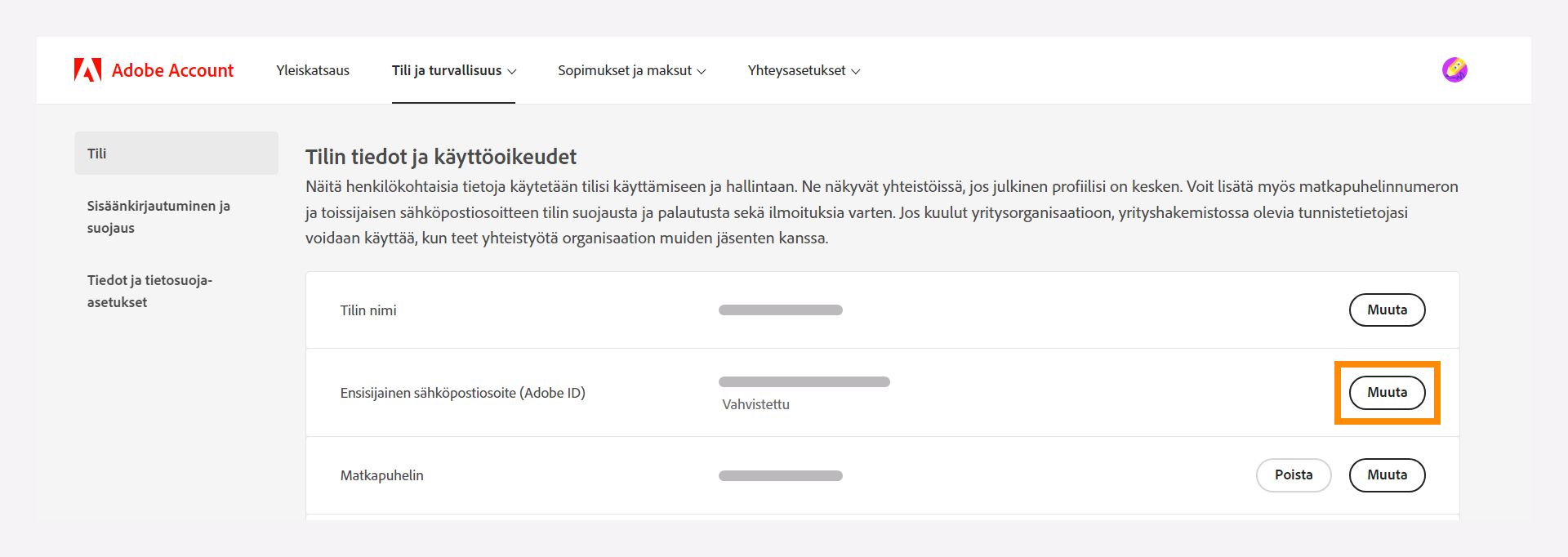 Tilin tiedot ja pääsyikkuna ensisijaisen sähköpostiosoitteesi vaihtamiseksi.