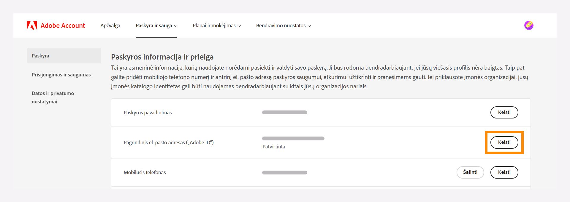 Paskyros informacija ir prieigos langas jūsų pagrindiniam el. pašto adresui pakeisti.