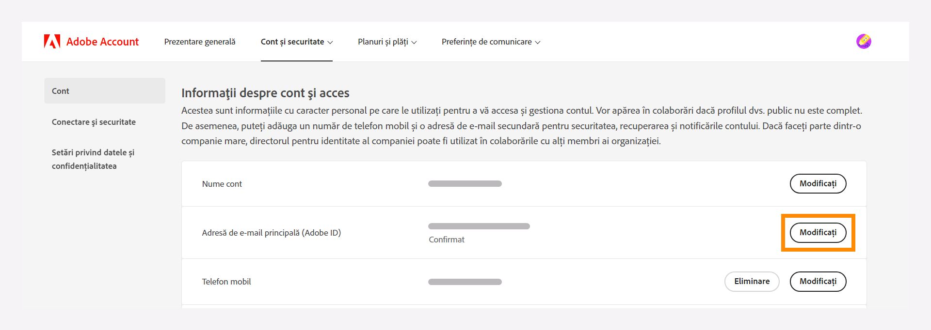 Fereastra cu informații despre cont și acces pentru a modifica adresa de e-mail principală.