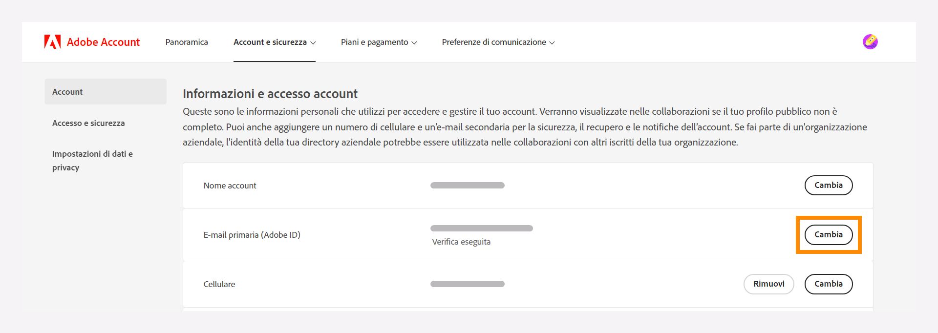 Finestra Informazioni e accesso account per modificare l’indirizzo e-mail principale.