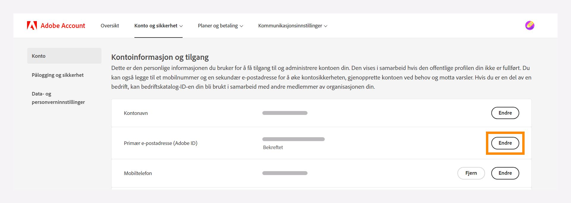 Kontoinformasjon og tilgang-vindu for å endre den primære e-postadressen.
