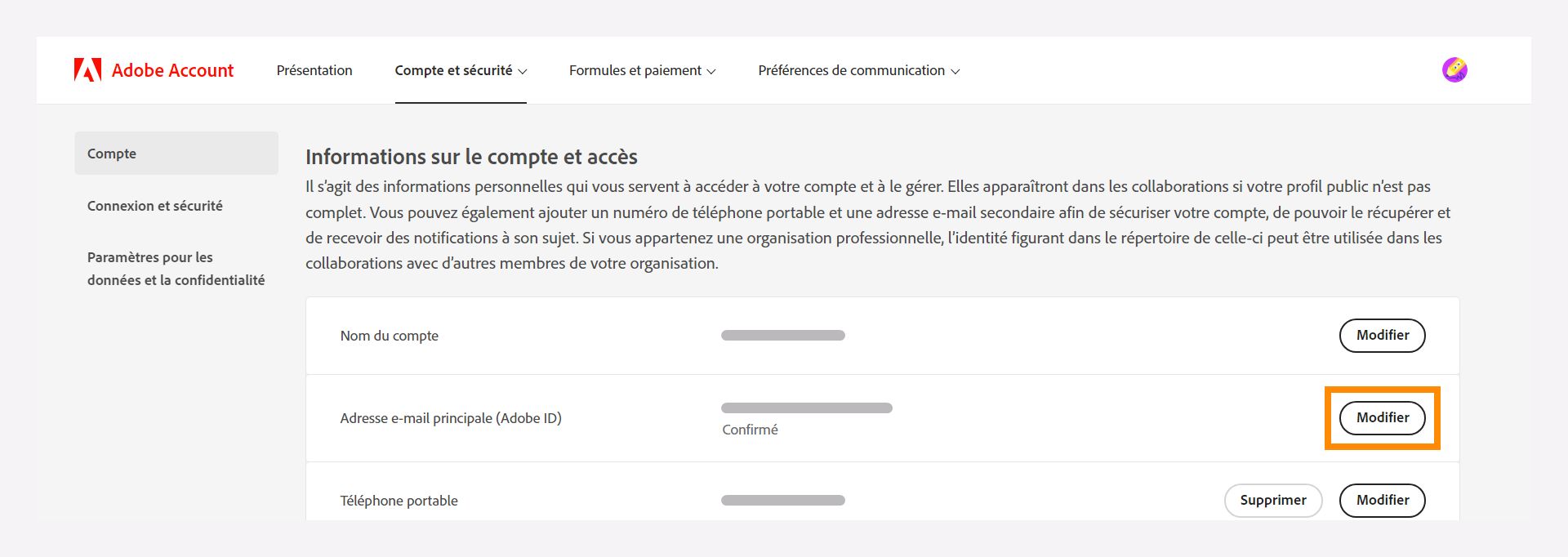 Informations sur le compte et fenêtre d’accès pour modifier votre adresse électronique principale.