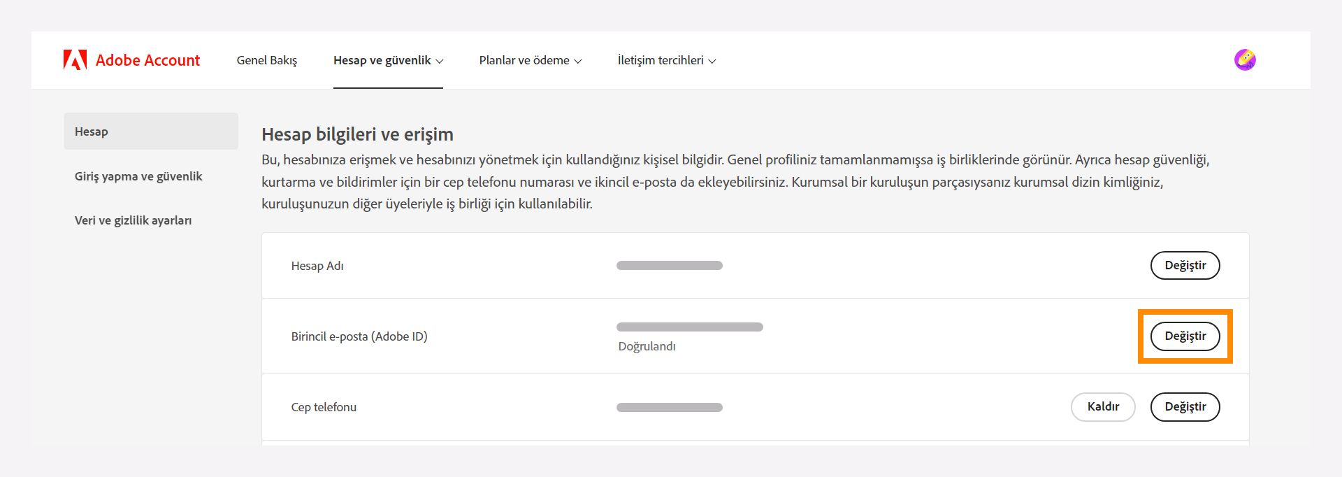 Birincil e-posta adresinizi değiştirmek için hesap bilgileri ve erişim penceresi.