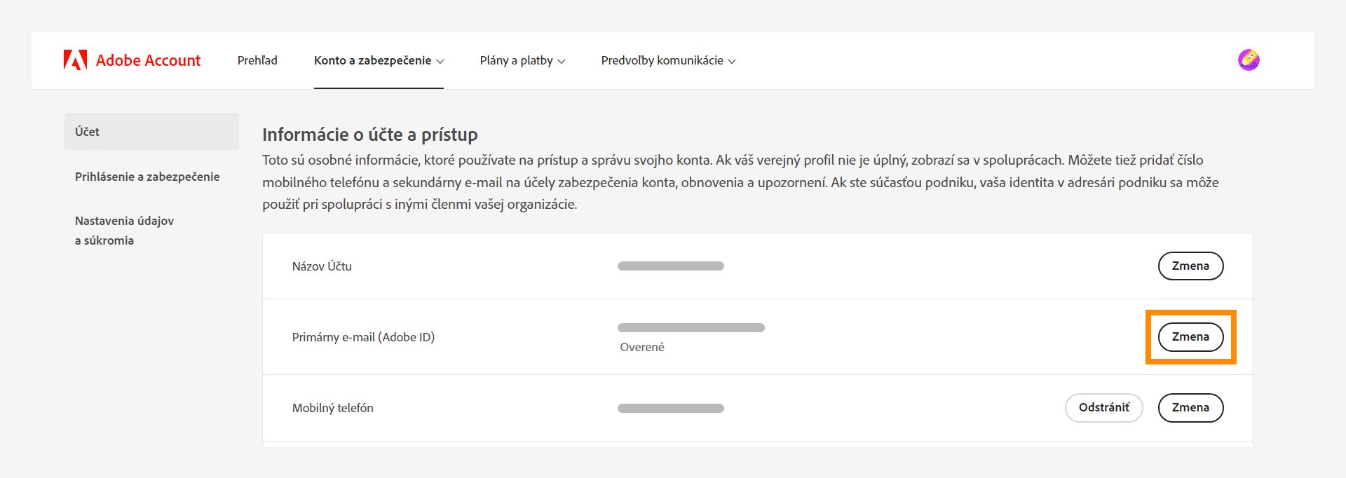 V okne Informácie o účte a prístup zmeňte primárnu e-mailovú adresu.