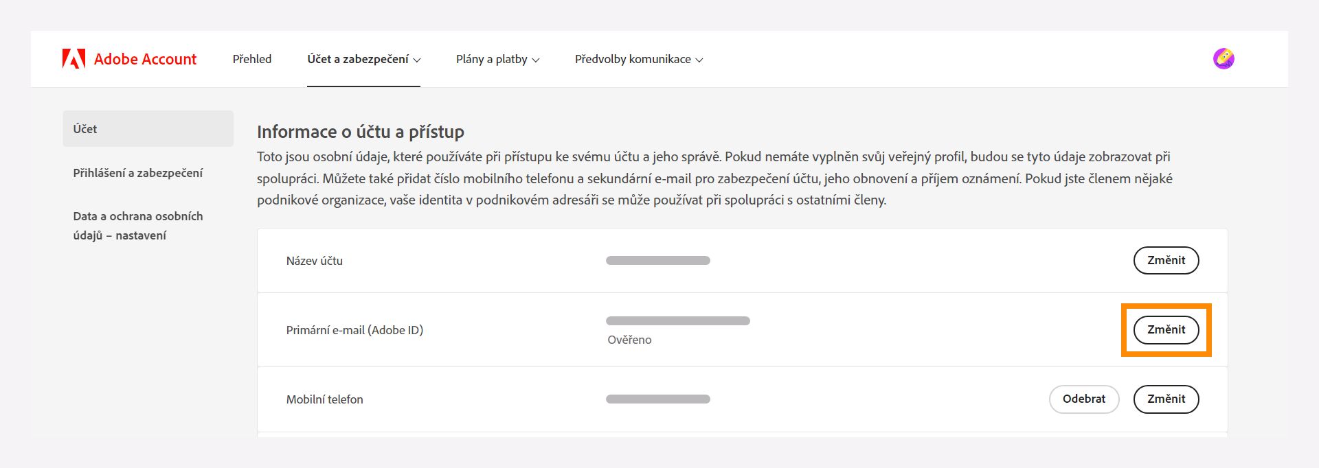 Okno Informace o účtu a přístup pro změnu primární e-mailové adresy
