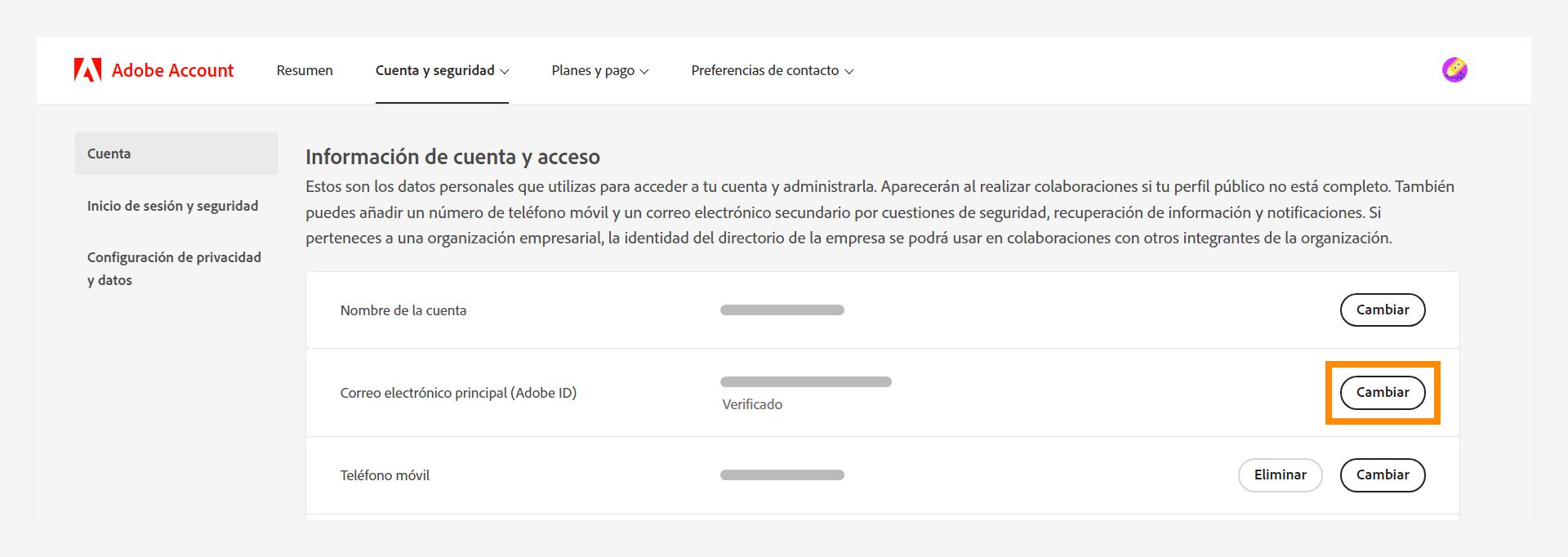Información de la cuenta y ventana de acceso para cambiar su dirección de correo electrónico principal.
