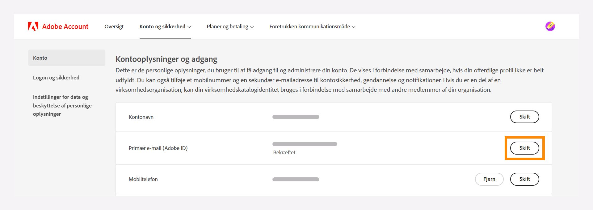 Vinduet Kontooplysninger og adgang til at ændre din primære e-mailadresse.