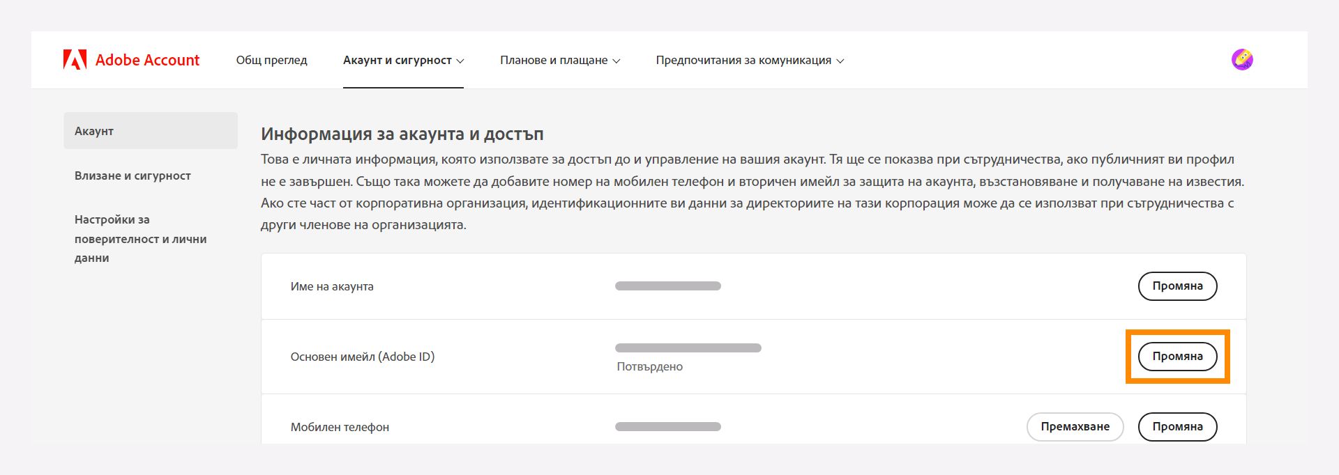 Информация за профила и прозорец за достъп, за да промените основния си имейл адрес.