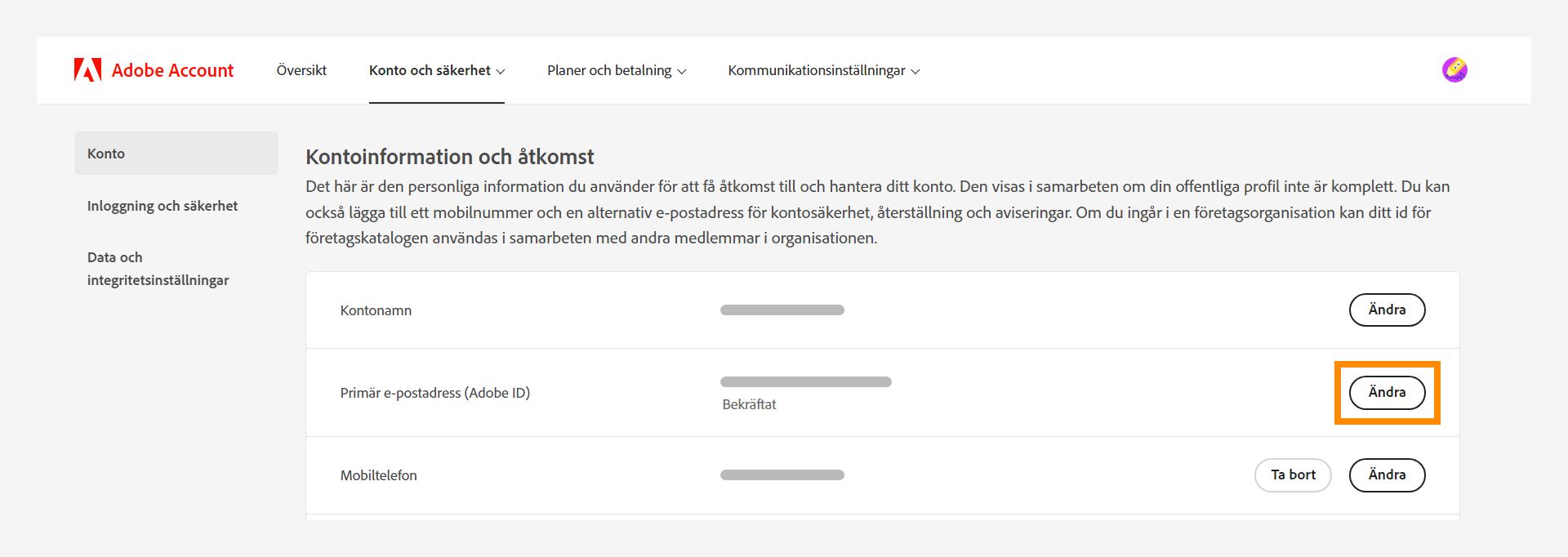 Kontoinformation och åtkomstfönster för att ändra primär e-postadress.