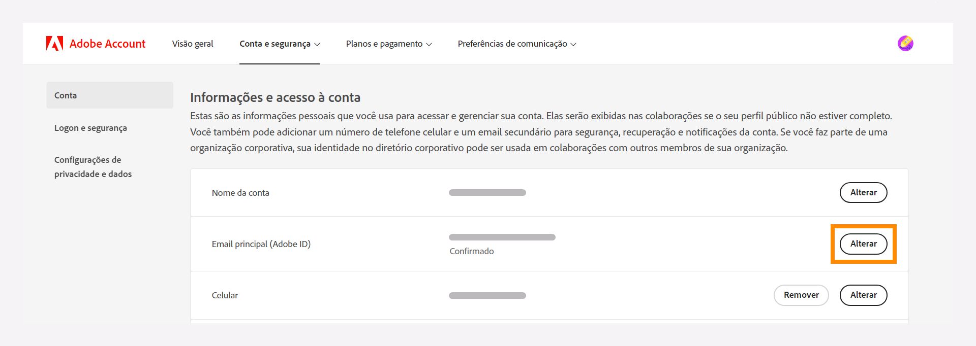 Janela Informações e acesso à conta para alterar seu endereço de email principal.