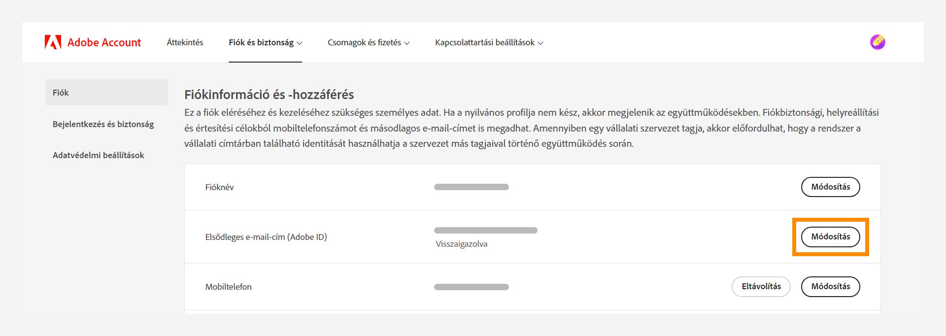 Fiókinformációk és hozzáférési ablak az elsődleges e-mail-cím megváltoztatásához.