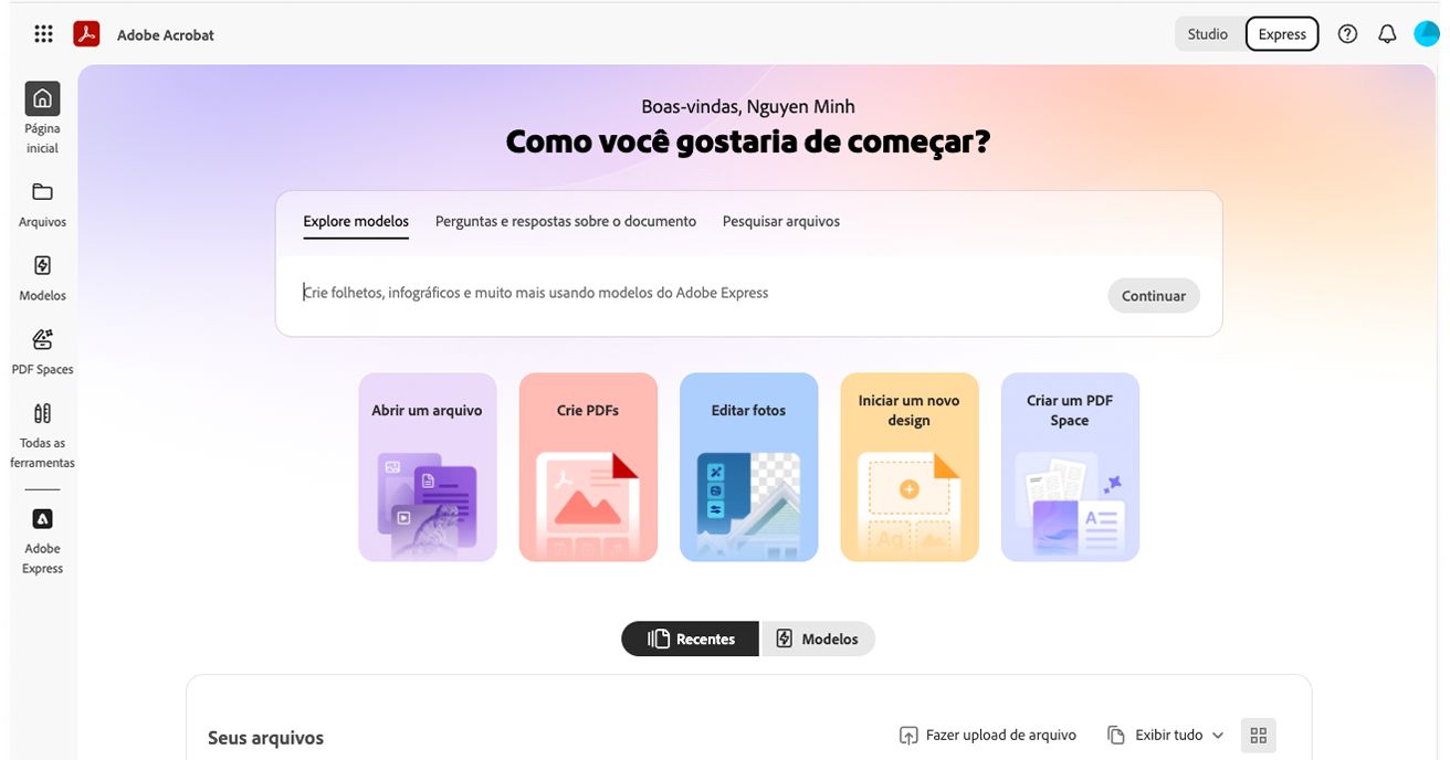 Experiência da página inicial do Acrobat Express