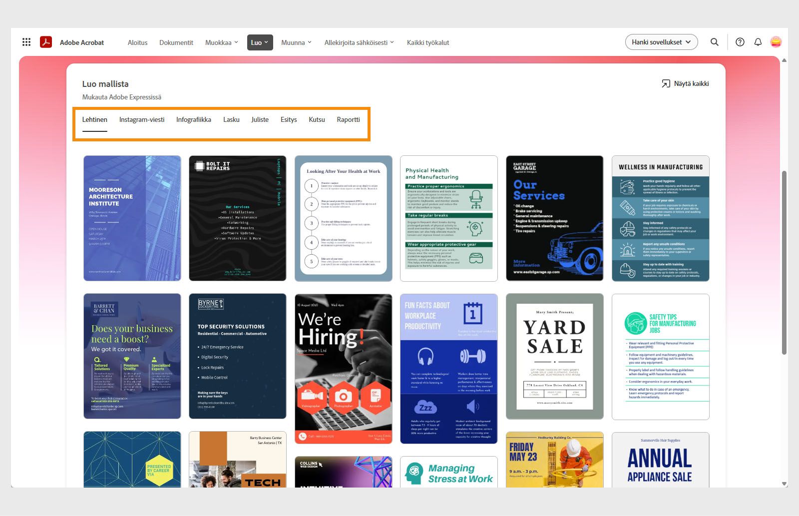 Acrobatin Luo-sivulla näkyy mallipohjatyypit ja ruudukko valitun tyypin mallipohjista.