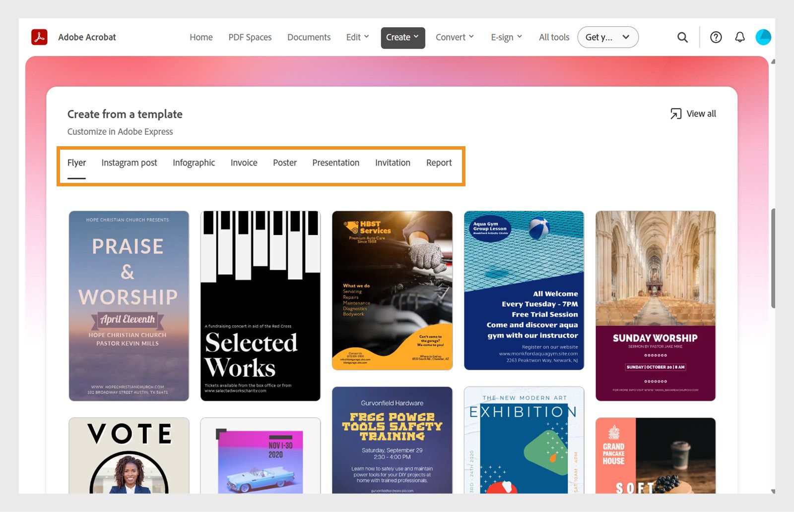 De Acrobat-pagina Maken toont sjabloontypen en een raster van sjablonen voor het gekozen type.