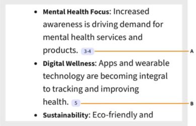 Acrobat PDF-område KI-generert innsikt viser seksjoner med enkle og flere klikkbare henvisninger.