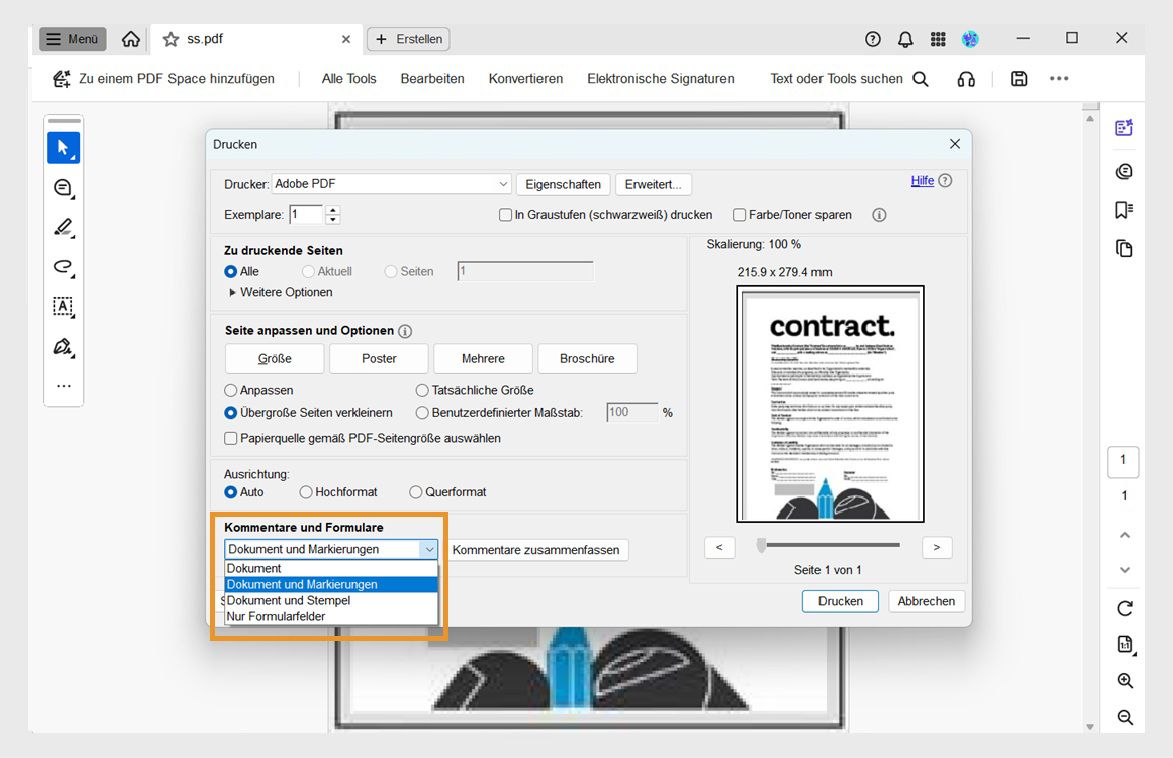 Acrobat-Druckdialog mit erweitertem Dropdown-Menü „Kommentare & Formulare“, das Optionen zum Drucken des Dokuments mit Markierungen, Stempeln oder Formularfeldern anzeigt.
