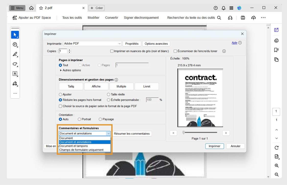 Boîte de dialogue Imprimer d’Acrobat avec le menu déroulant « Commentaires et formulaires » développé. Celui-ci présente des options permettant d’imprimer le document avec les annotations, les tampons ou les champs de formulaire.