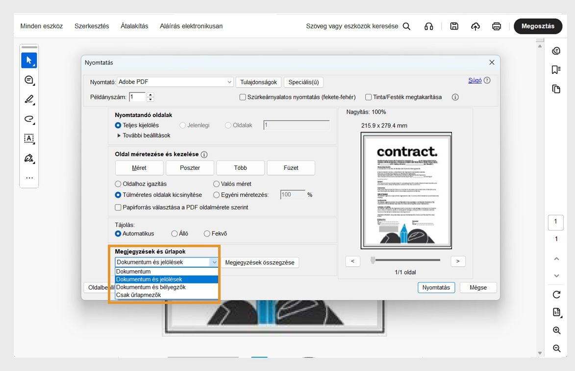 Az Acrobat Nyomtatás párbeszédpanel kibontott „Megjegyzések és űrlapok” legördülő menüvel, amely a dokumentum jelölésekkel, bélyegzőkkel vagy űrlapmezőkkel történő nyomtatásának opcióit mutatja.