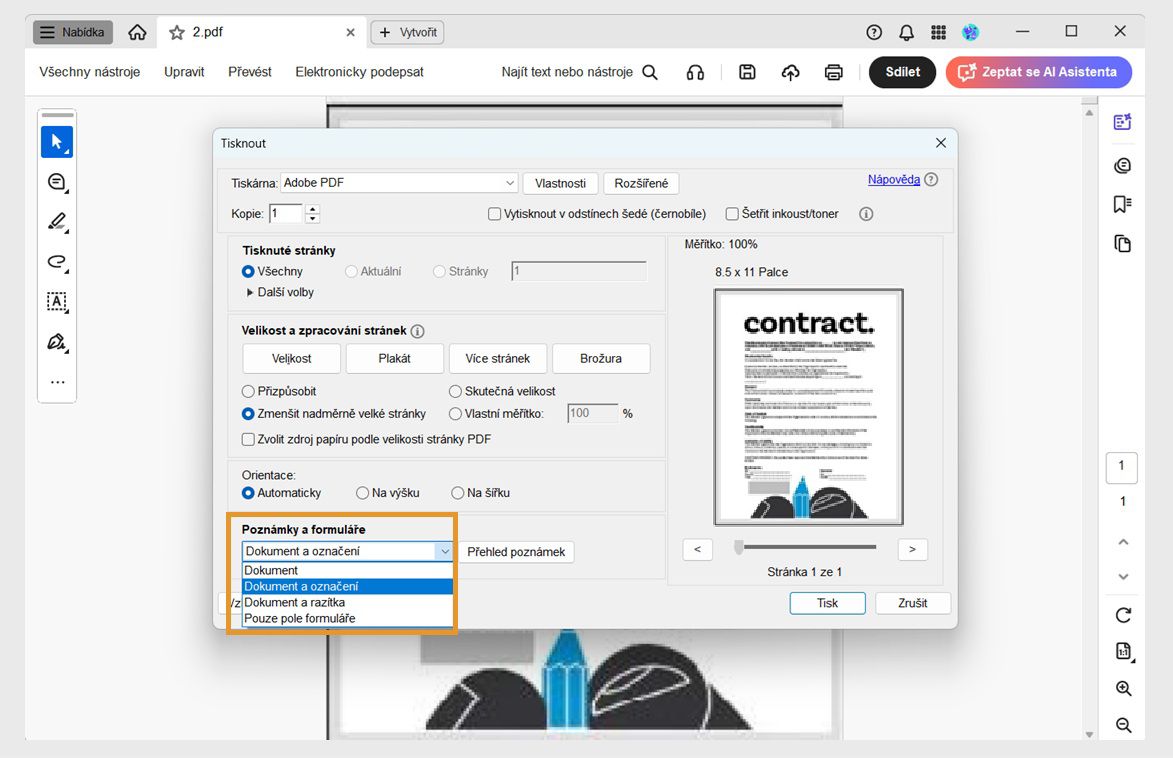 Dialogové okno Tisk v aplikaci Acrobat s rozbalovací nabídkou Komentáře a formuláře, zobrazující možnosti tisku dokumentu se značkami, razítky nebo poli formuláře.
