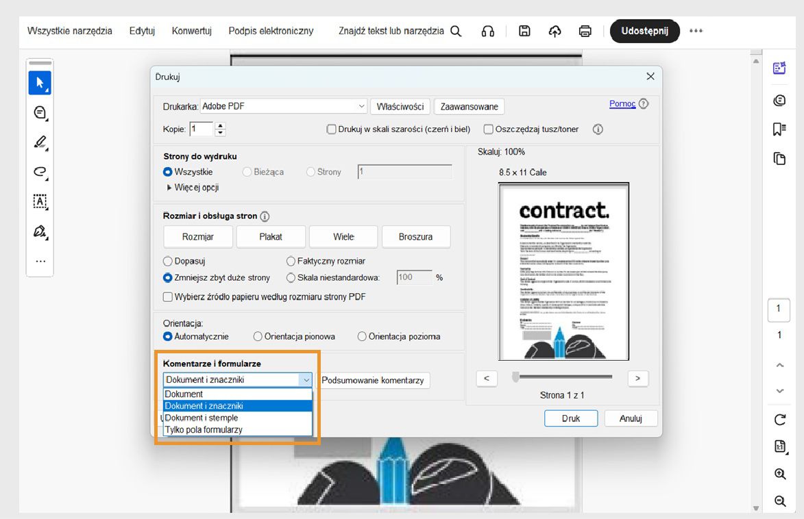 Okno dialogowe Drukuj programu Acrobat z rozwiniętym menu „Komentarze i formularze”, pokazujące opcje drukowania dokumentu z oznaczeniami, stemplami lub polami formularza.