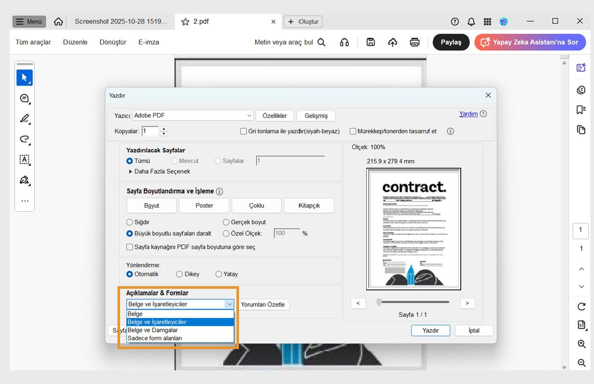 Belgeyi işaretlemeler, damgalar veya form alanlarıyla yazdırmak için seçenekler gösteren &quot;Yorumlar ve Formlar&quot; açılır menüsü genişletilmiş Acrobat Yazdır iletişim kutusu.